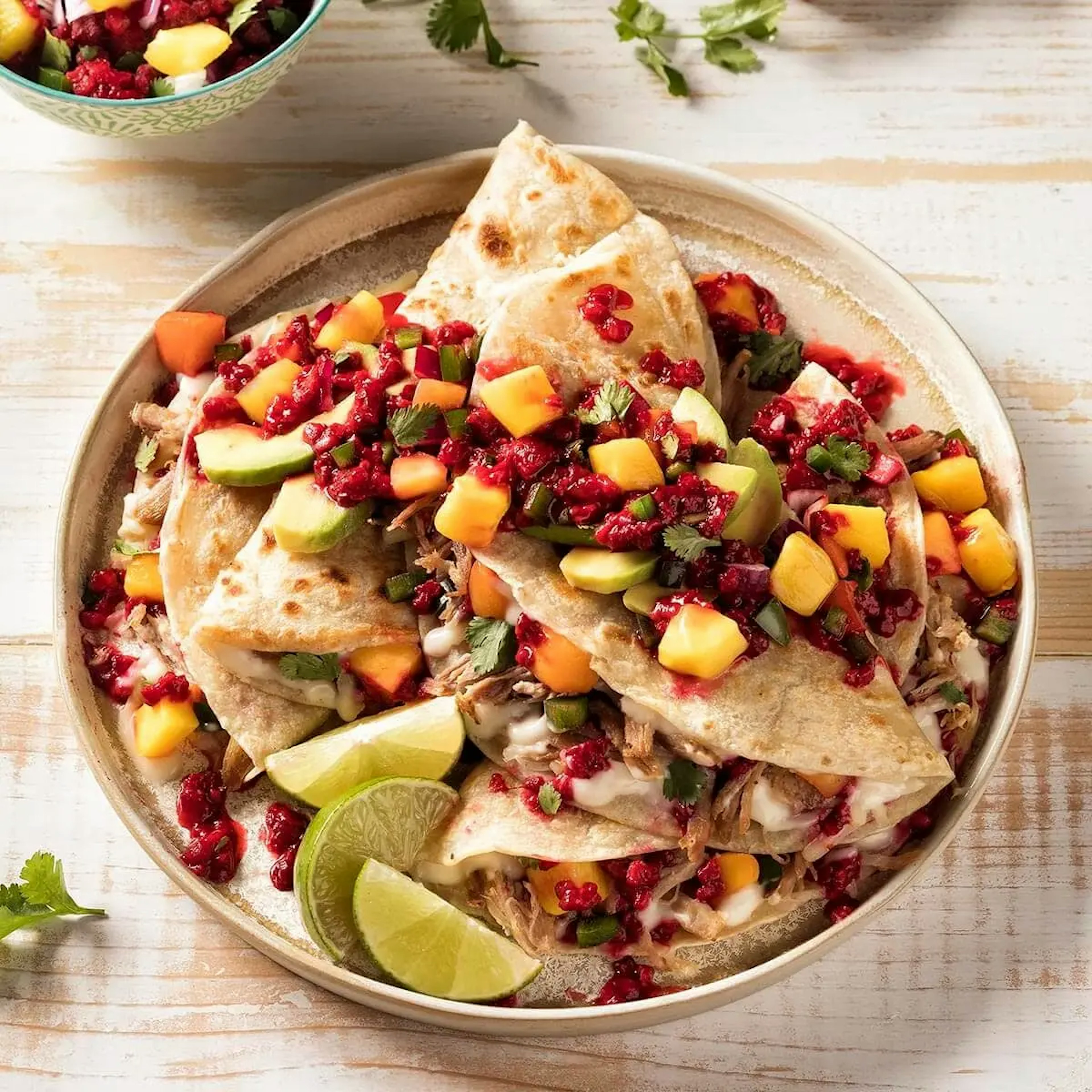 Raspberry Mango Pulled Pork Quesadilla Recipe Card