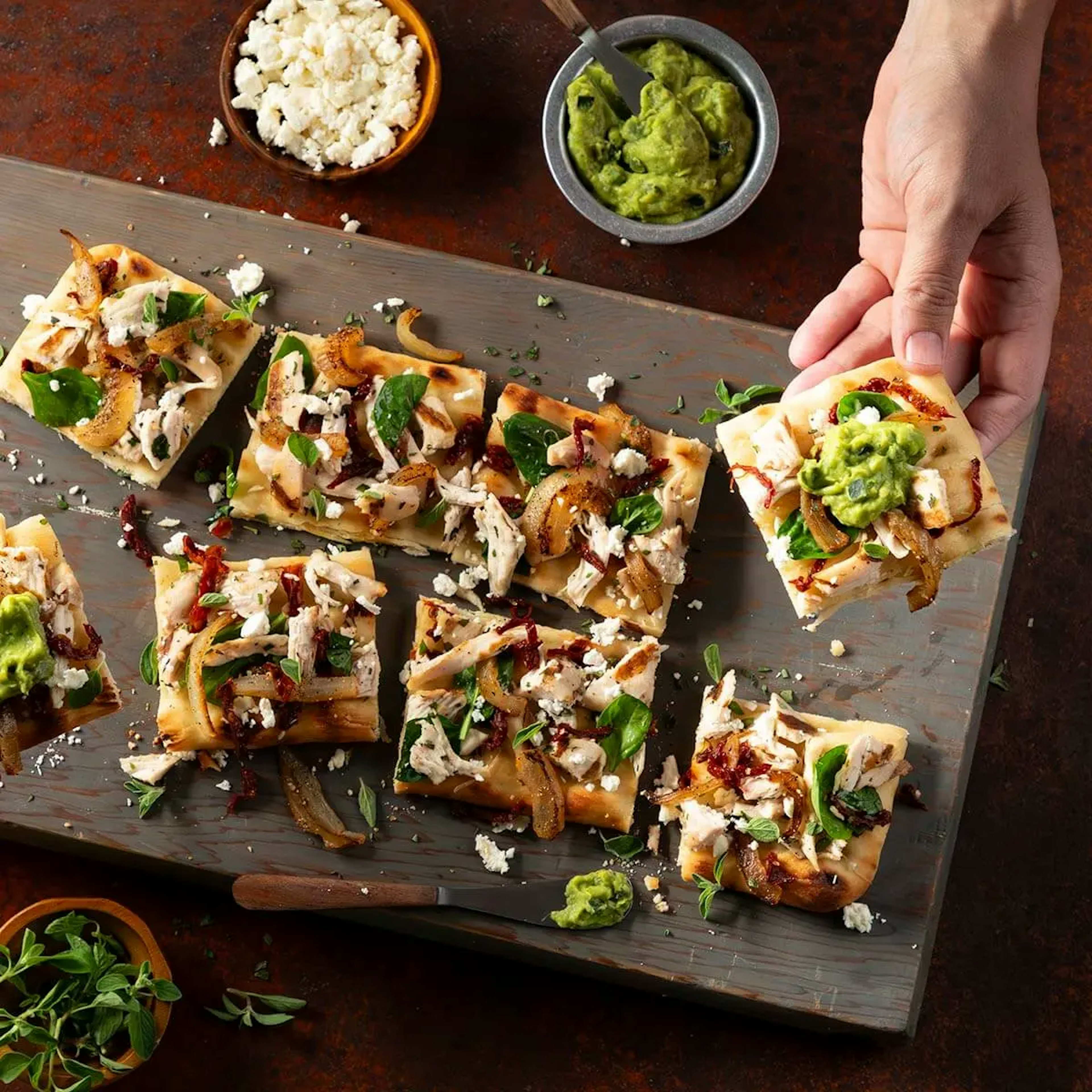 Mediterranean Chicken, Spinach and Feta Flatbread with Cucumber Tzatziki Avocado Recipe Card