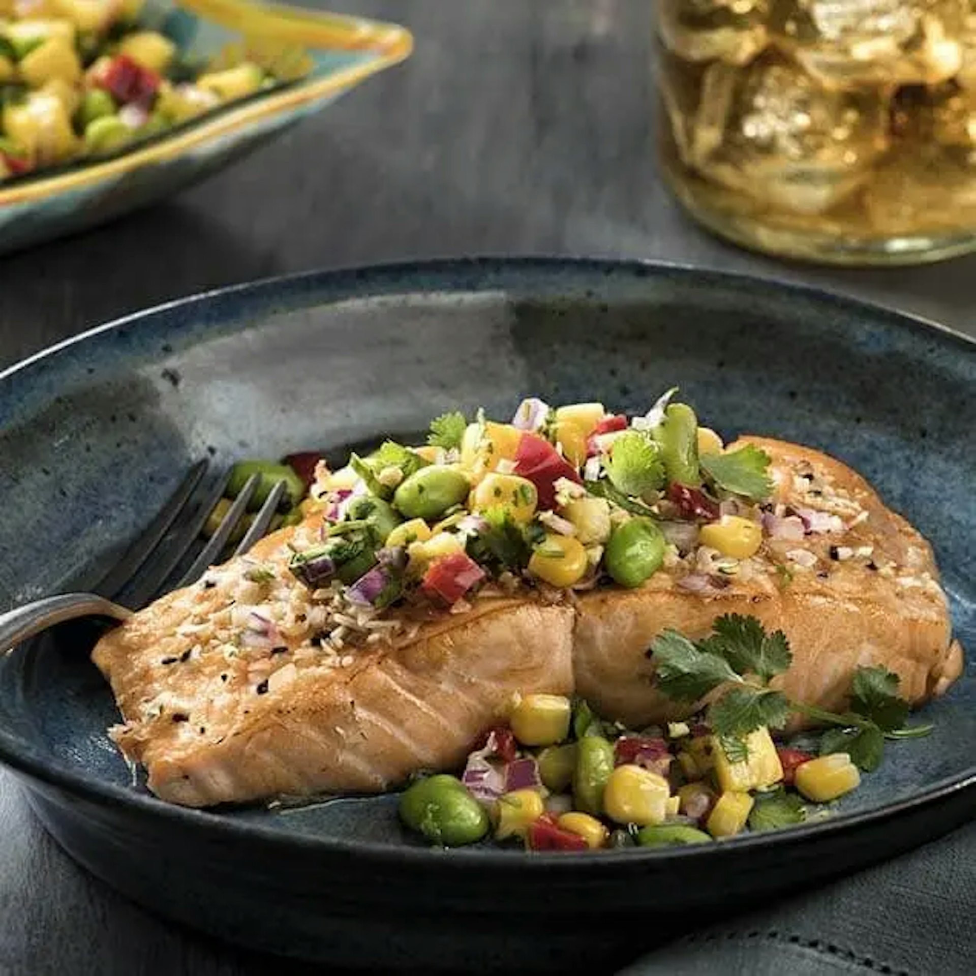 Edamame Mango Salsa on Salmon Recipe Card