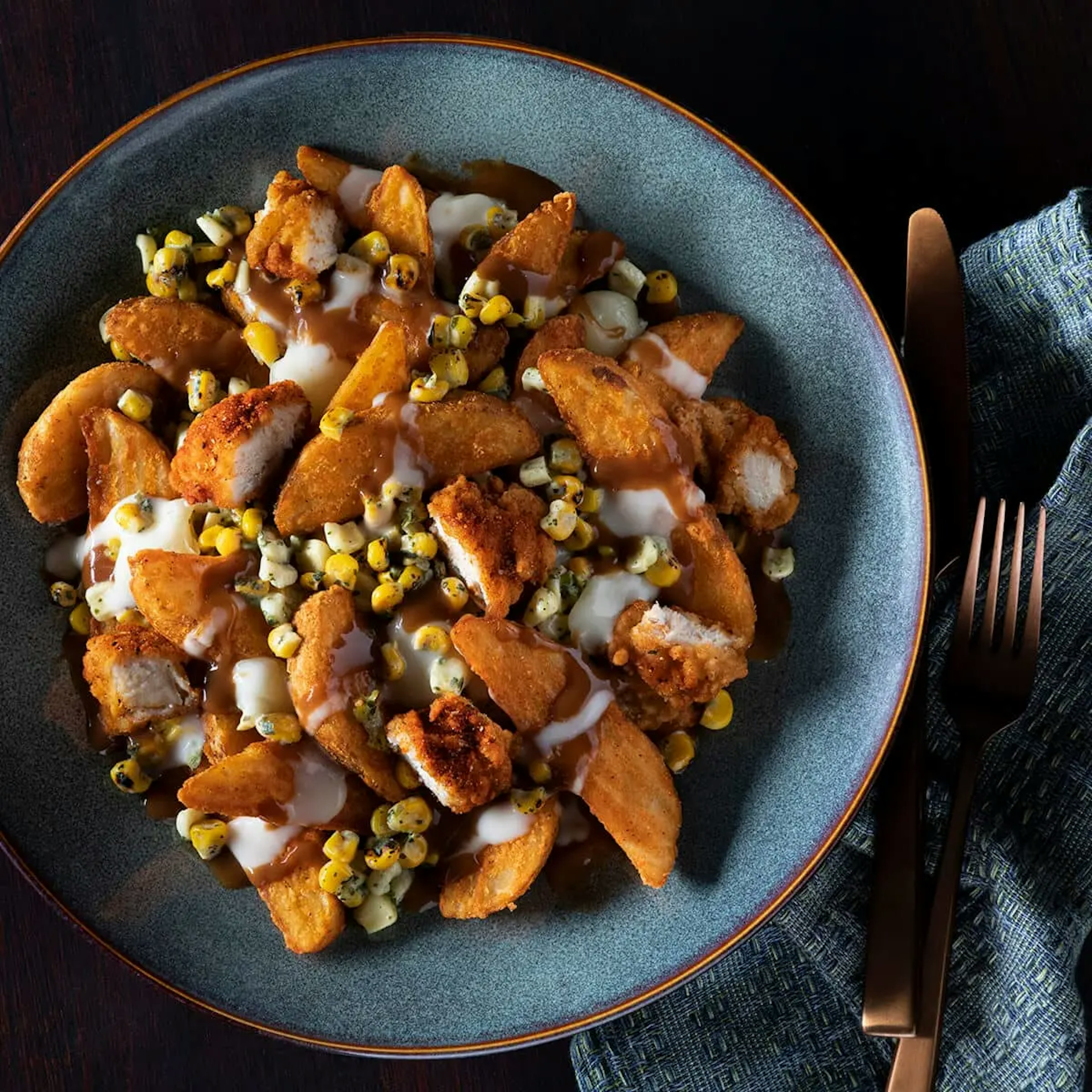 Poutine of Wedge Fries and Spicy Fried Chicken Recipe Card