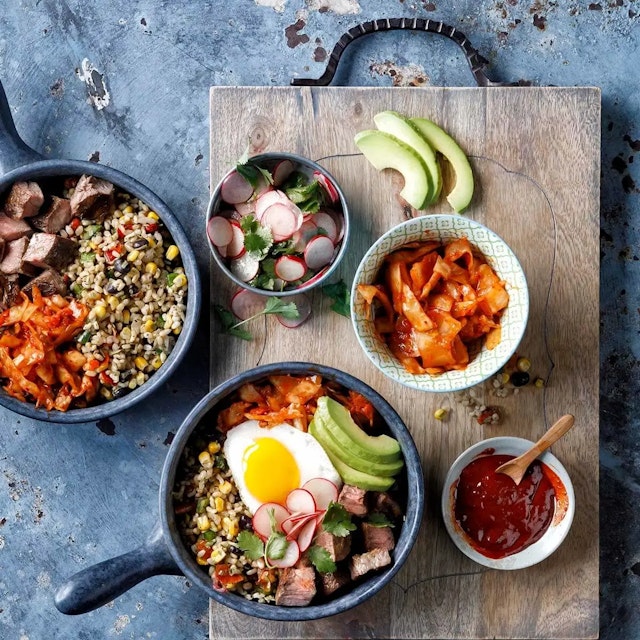 Carne Asada Bibimbap with Fiesta Rice, Gochujang Salsa and Fried Egg.jpg