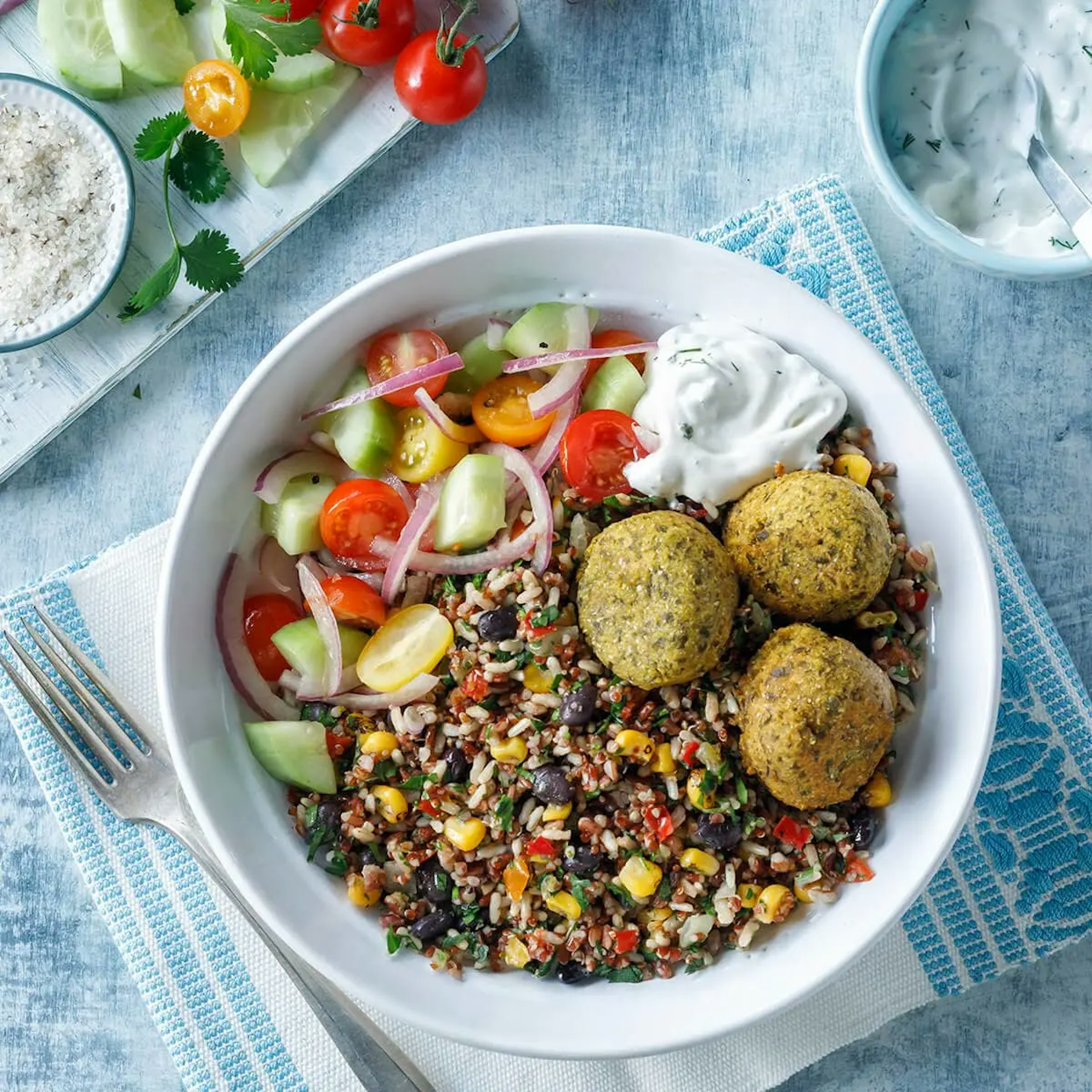 Exotic Grains Tabbouleh and Crispy Falafel Bowl Recipe Card